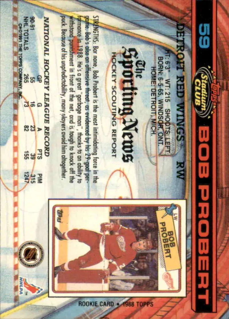 Back of 1991-92 Topps Stadium Club Bob Probert card with Red Wings stats displayed