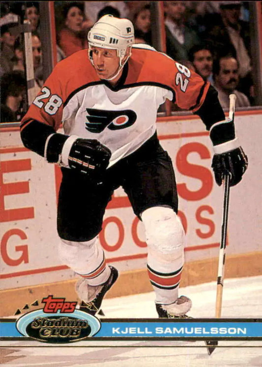 Kjell Samuelsson skating on ice in Philadelphia Flyers uniform, featured on hockey card