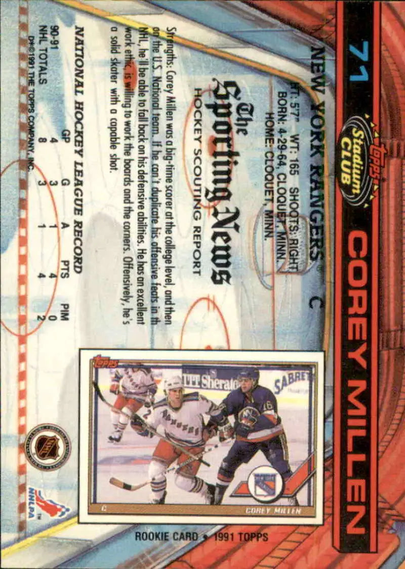 Hockey trading card featuring Corey Millen of the New York Rangers from Topps Stadium Club