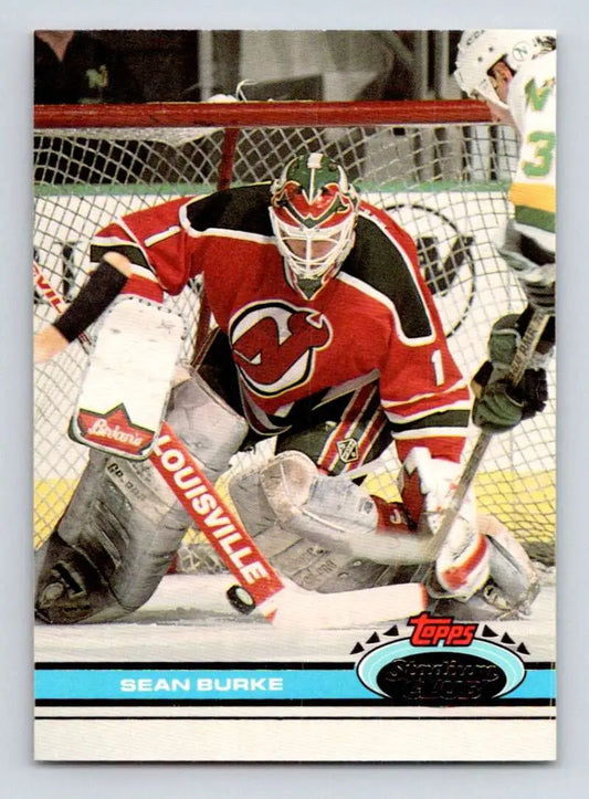 Hockey goalie Sean Burke in New Jersey Devils uniform makes a save, Stadium Club card