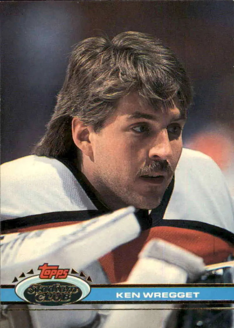 Ken Wregget in white jersey, mustache, Philadelphia Flyers hockey card image