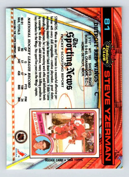 1991-92 Topps Stadium Club #81 Steve Yzerman Hockey Card featuring Detroit Red Wings stats