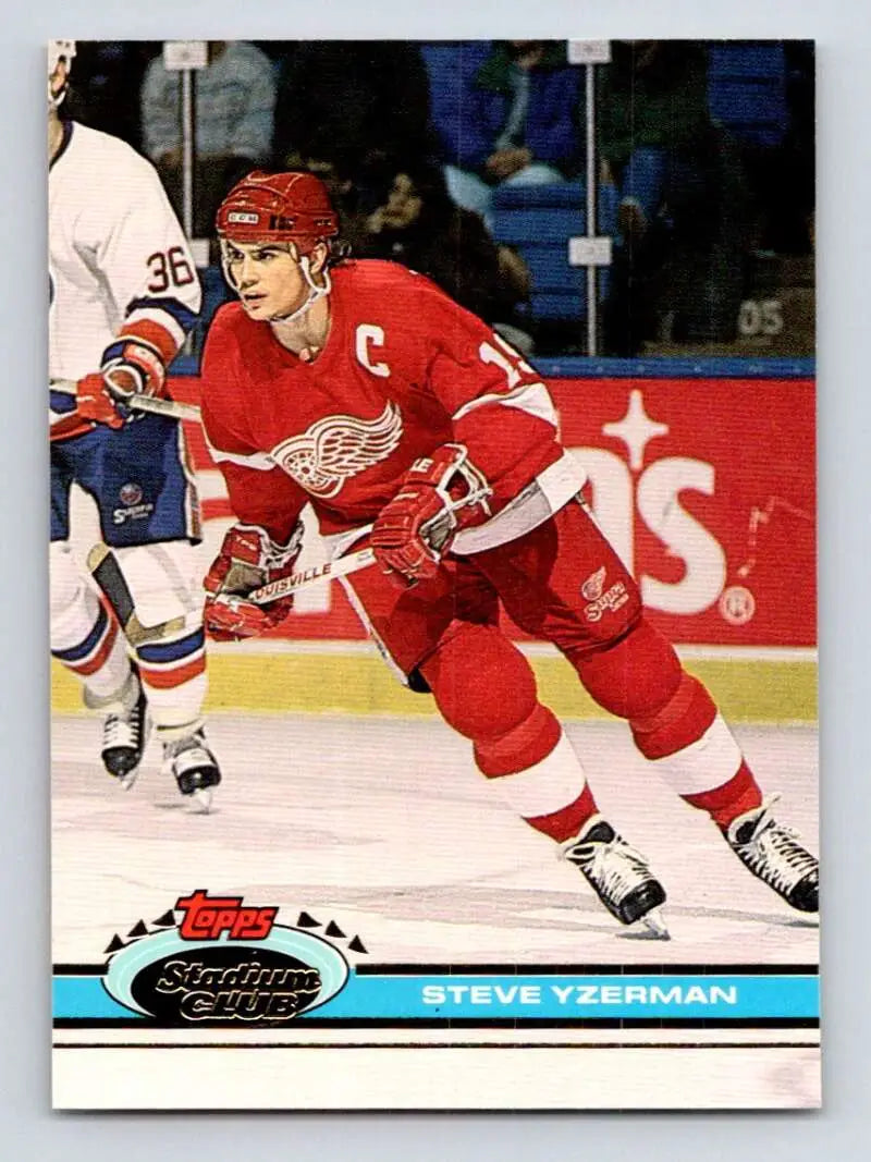 Hockey trading card of Detroit Red Wings player Steve Yzerman skating on ice