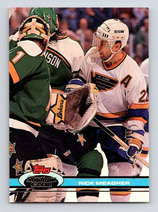 Hockey card featuring Rick Meagher in action with Minnesota North Stars and St. Louis Blues