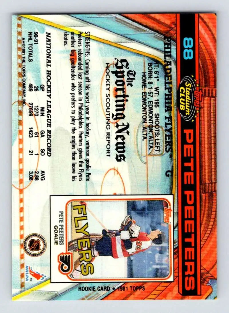 Hockey card of Pete Peeters in red and black jersey for Philadelphia Flyers