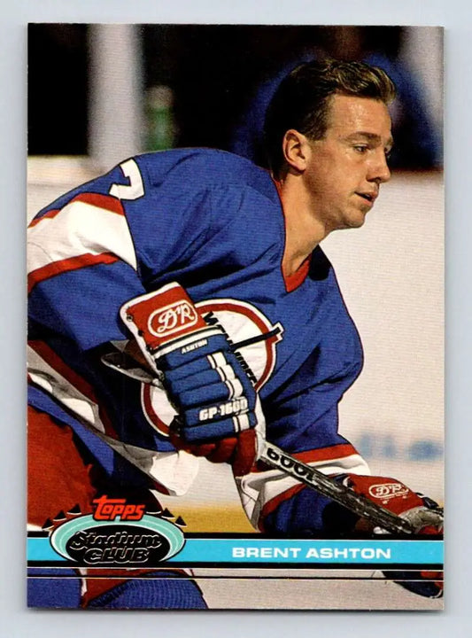 Brent Ashton in blue Winnipeg Jets jersey, 1991-92 Topps Stadium Club #90 hockey card