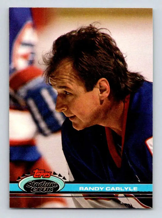 1991-92 Topps Stadium Club Randy Carlyle Hockey Card featuring Winnipeg Jets design