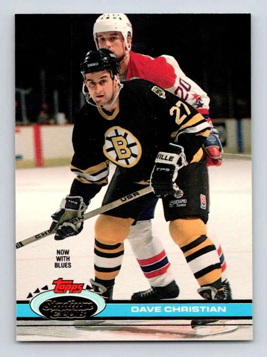 Hockey card of Dave Christian in a black and gold jersey for the Louis Blues