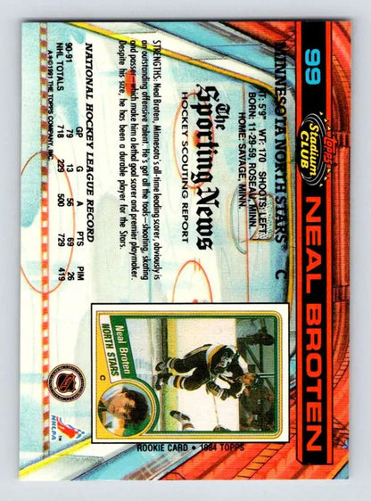 Trading card featuring Neal Broten of the Minnesota North Stars with diagonal stripes