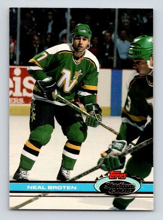 Hockey player in Minnesota North Stars jersey on 1991-92 Topps Stadium Club card