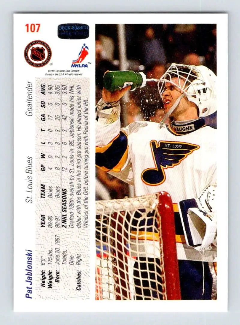 1991-92 Upper Deck Pat Jablonski RC hockey card featuring St. Louis Blues goalie in white jersey