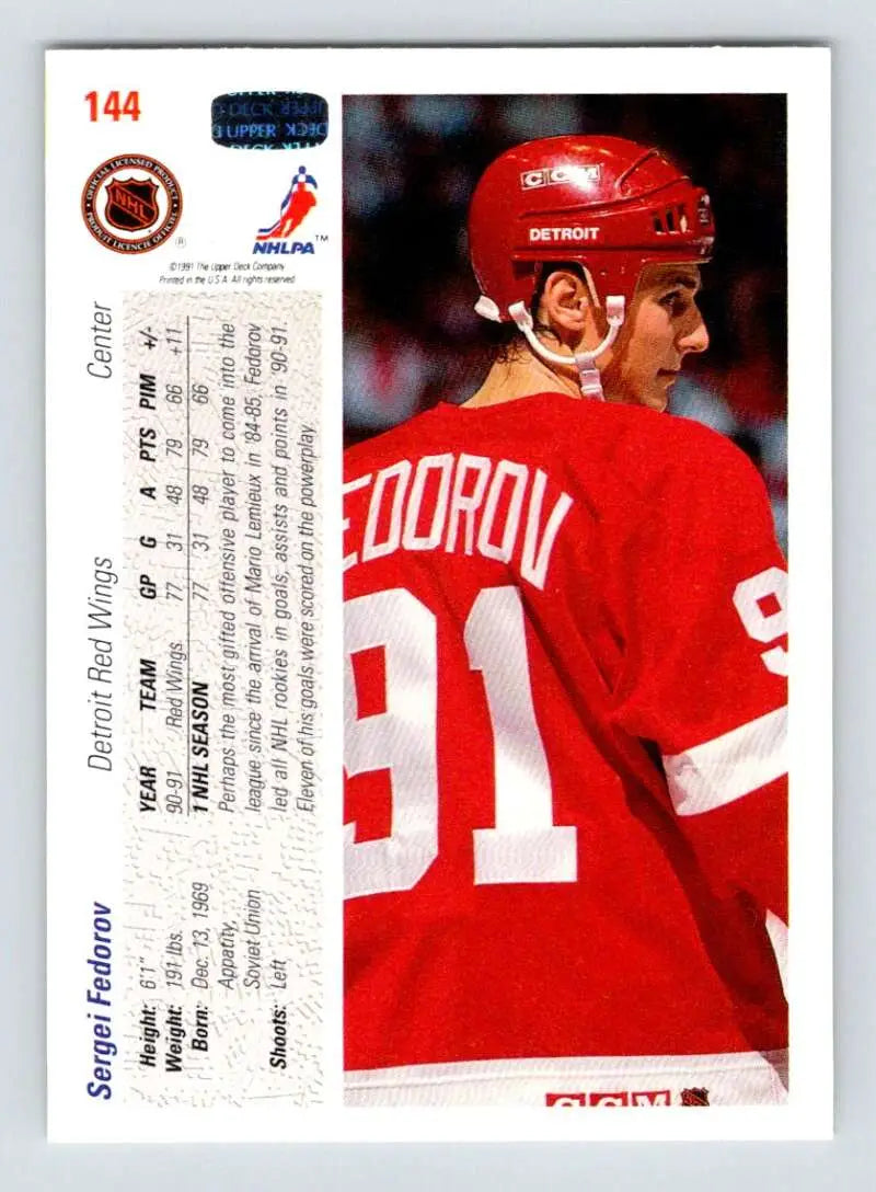 Hockey trading card of Sergei Fedorov in a Detroit Red Wings jersey number 91