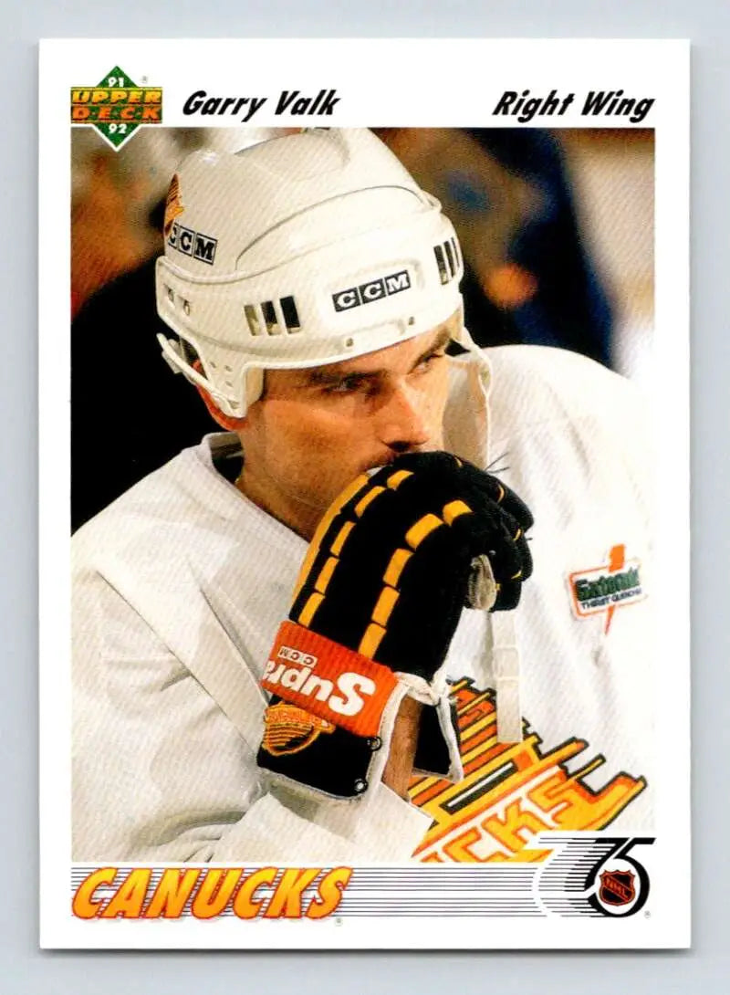 Hockey player in Vancouver Canucks jersey and gloves, featuring Garry Valk card design