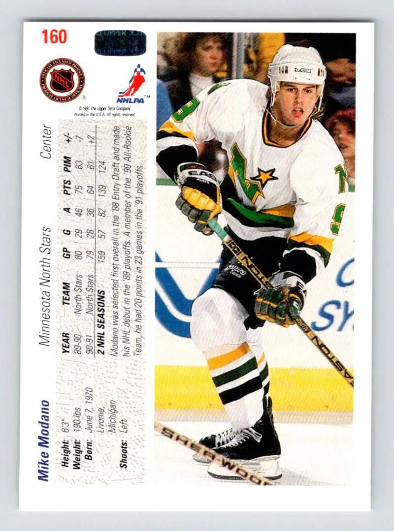 Hockey trading card of Mike Modano skating for the Minnesota North Stars in white jersey