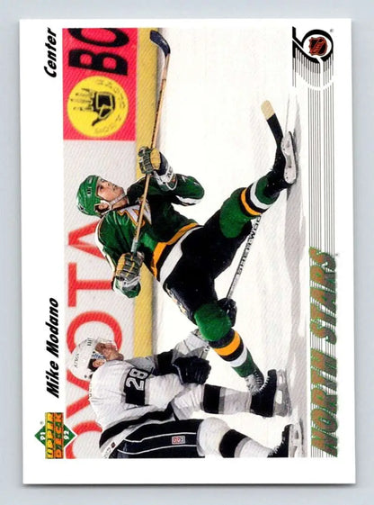 Hockey trading card featuring Mike Modano of the Minnesota North Stars in action