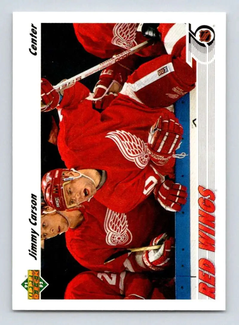 Detroit Red Wings players in red jerseys celebrate, featuring Jimmy Carson card