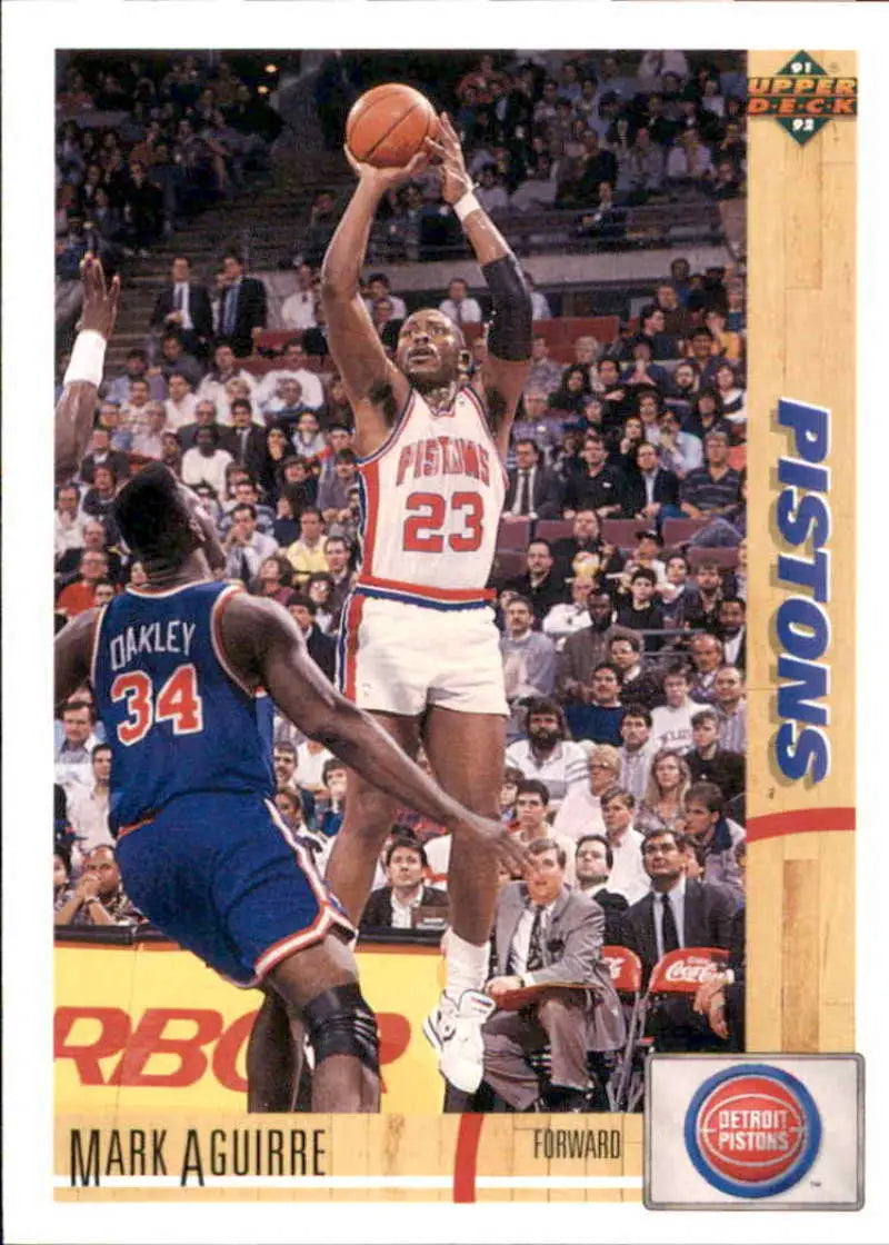 Mark Aguirre taking a jump shot on a 1991-92 Upper Deck Detroit Pistons basketball card