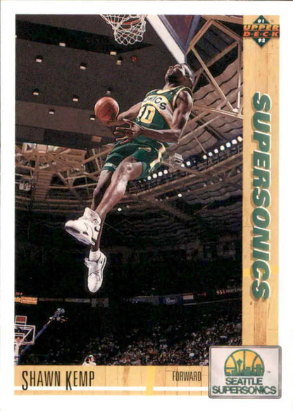 Shawn Kemp soaring for a dunk in Seattle Supersonics jersey on basketball card