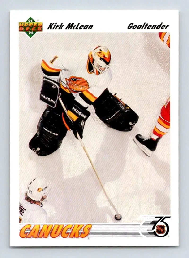 Hockey card of Kirk McLean making a save for Vancouver Canucks, 1991-92 Upper Deck #191