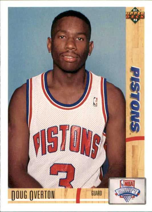 Doug Overton wearing a white Detroit Pistons jersey, Rookie Detroit Pistons basketball card