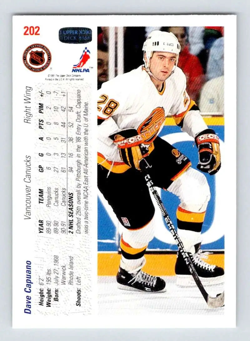 Hockey card of Dave Capuano skating in white and black uniform for Vancouver Canucks