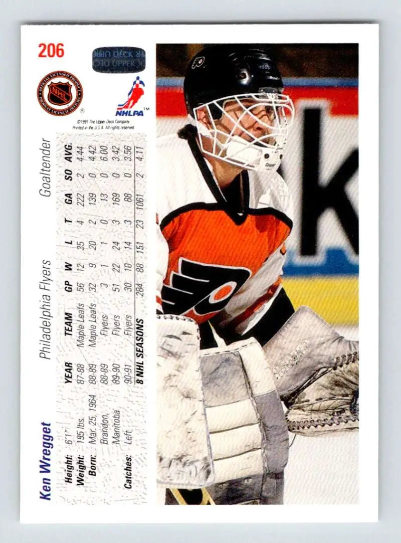 Hockey card of Ken Wregget in Philadelphia Flyers jersey from Upper Deck 1991-92