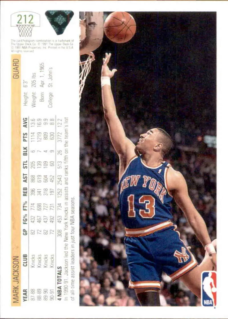 Basketball player in New York Knicks jersey reaching for ball on Mark Jackson card