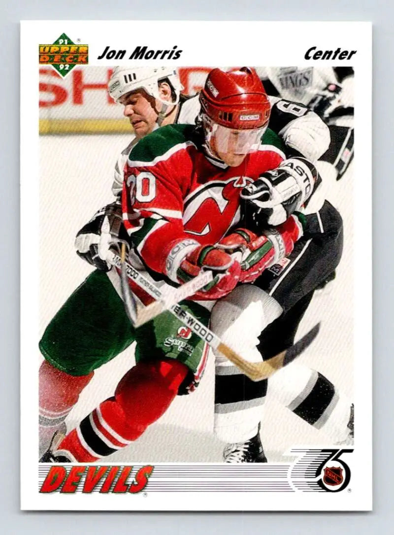 Hockey card of Jon Morris battling in a New Jersey Devils jersey against an opponent