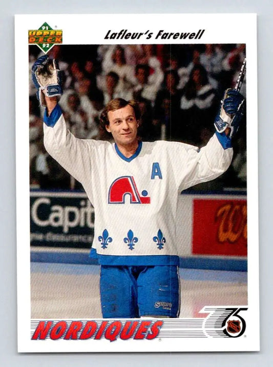 Hockey player in Quebec Nordiques jersey celebrates, featured in Guy Lafleur farewell card