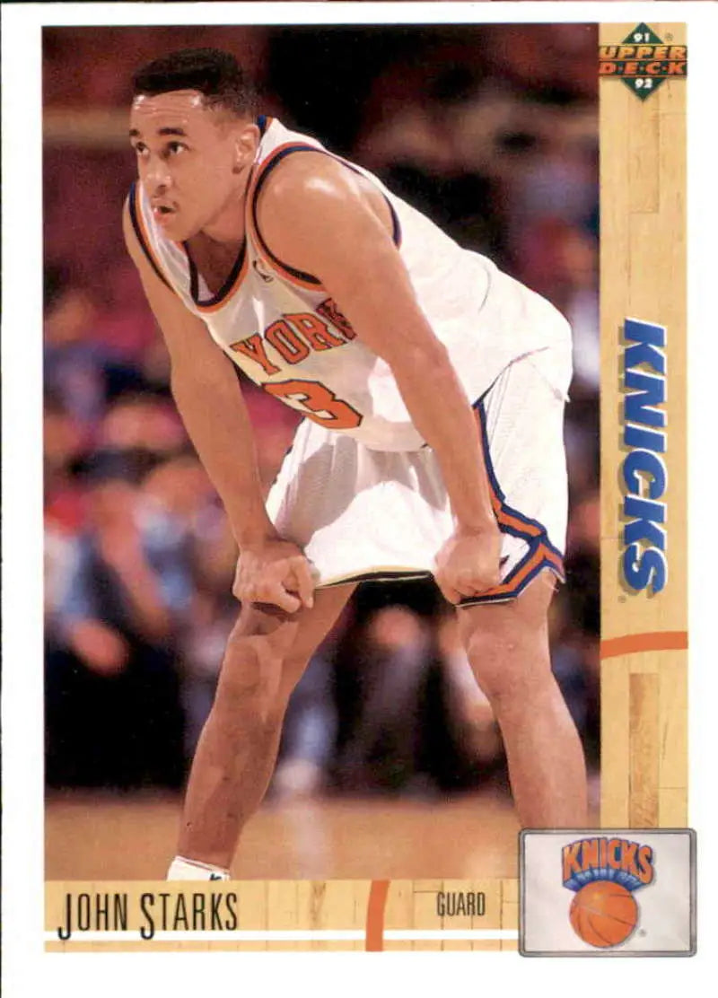 Basketball card of John Starks in New York Knicks white uniform, 1991-92 Upper Deck