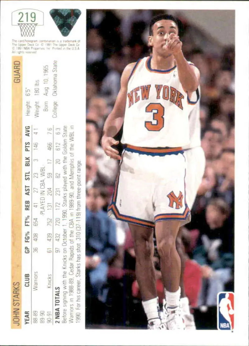 Basketball card of John Starks in New York Knicks white home jersey number 3