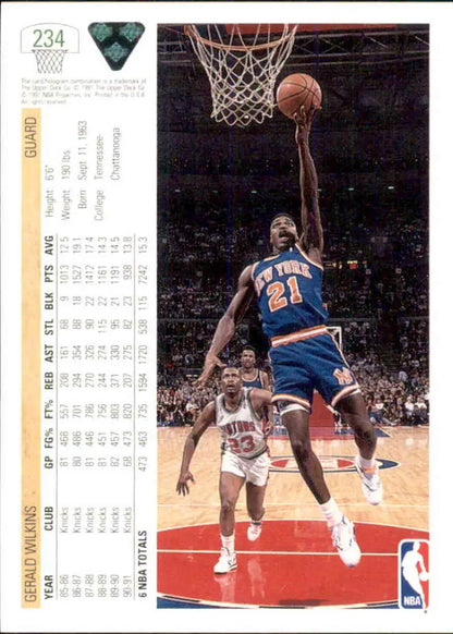 Gerald Wilkins making a layup on 1991-92 Upper Deck New York Knicks basketball card