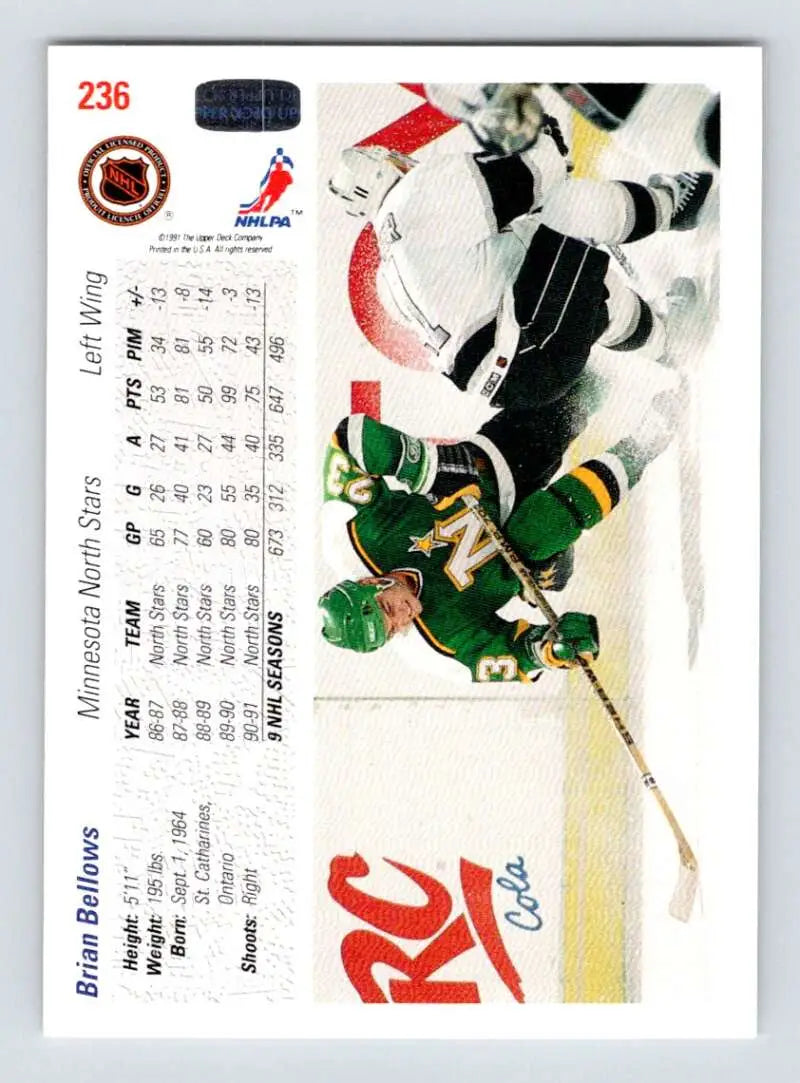 Hockey card of Brian Bellows diving in green jersey for Minnesota North Stars action