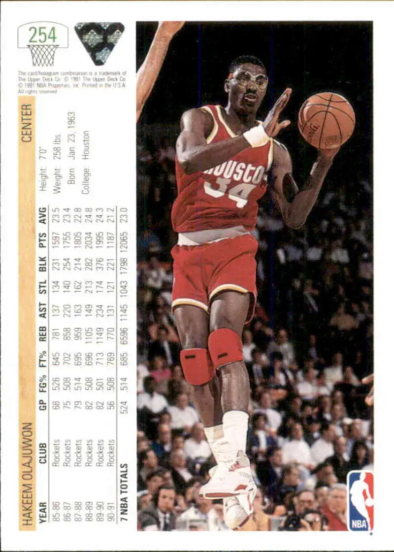 Hakeem Olajuwon in red Houston Rockets uniform handling basketball during game action