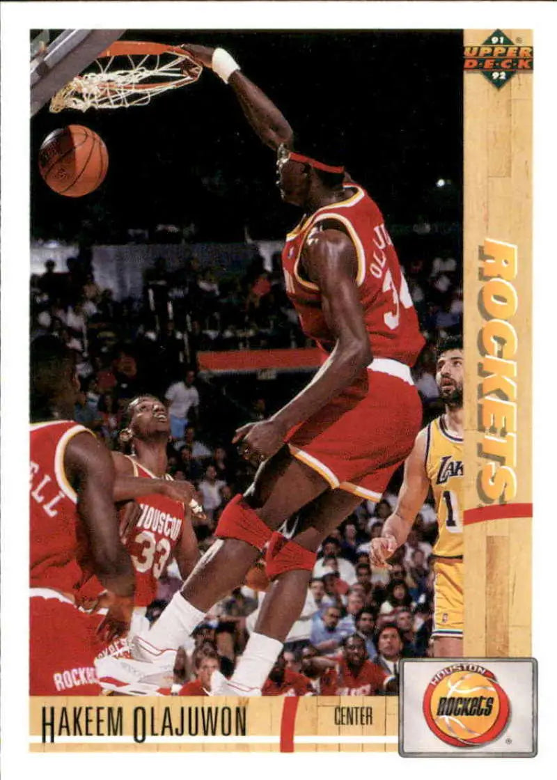 Hakeem Olajuwon slam dunk on 1991-92 Upper Deck Houston Rockets Basketball Card