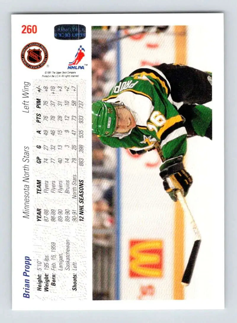 Hockey player in green and yellow uniform diving on ice for Minnesota North Stars card