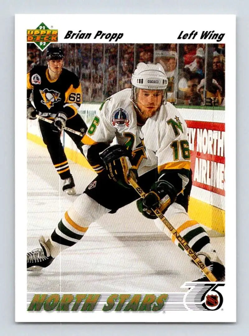 Minnesota North Stars hockey card featuring Brian Propp in a white and black uniform