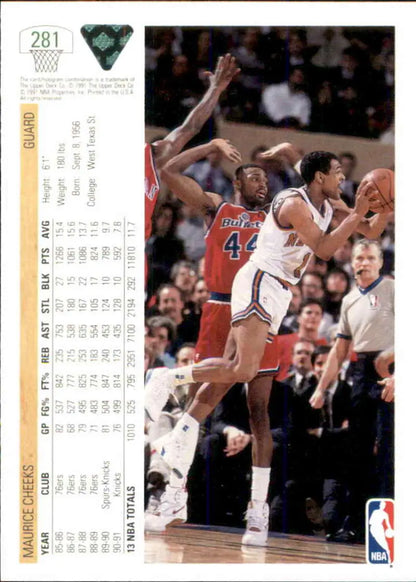 Basketball card featuring Maurice Cheeks of the New York Knicks blocking a shot action