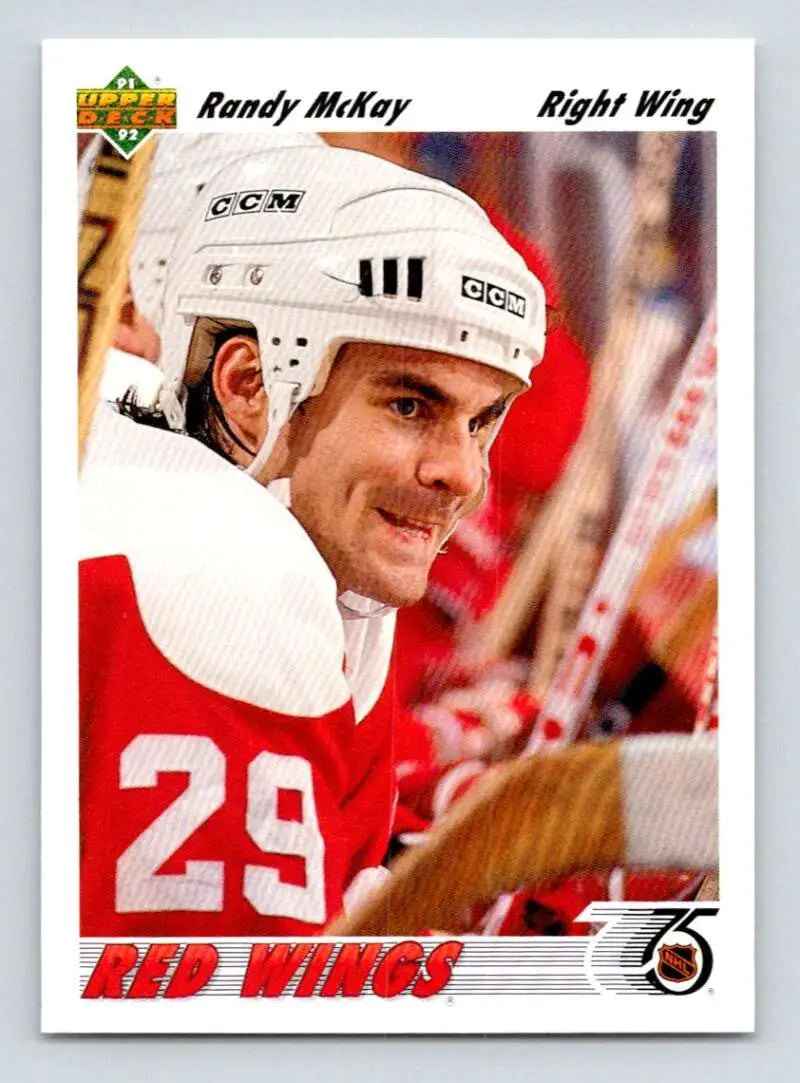 Hockey player in a Detroit Red Wings jersey features Randy McKay New Jersey Devils Hockey Card