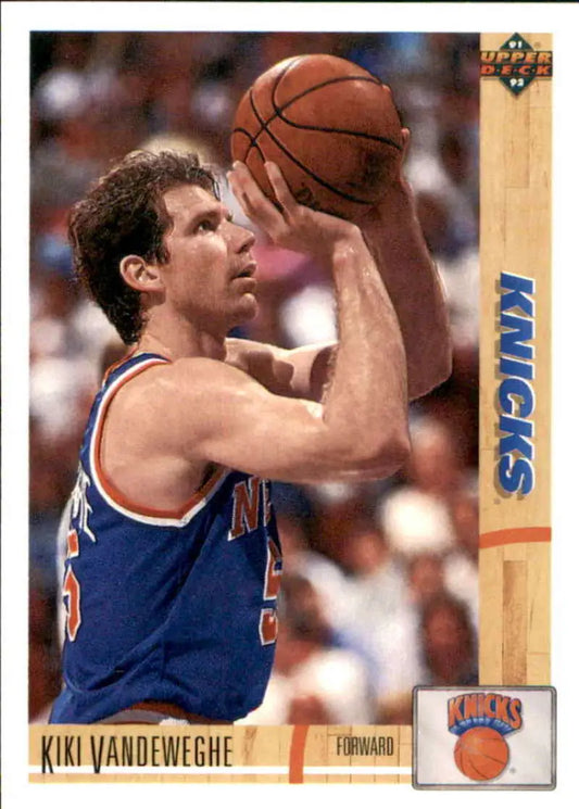 Basketball player in blue New York Knicks jersey shooting, Kiki Vandeweghe Basketball Card