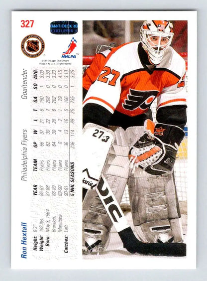 Hockey goalie Ron Hextall in Philadelphia Flyers jersey #27 ready to defend the goal