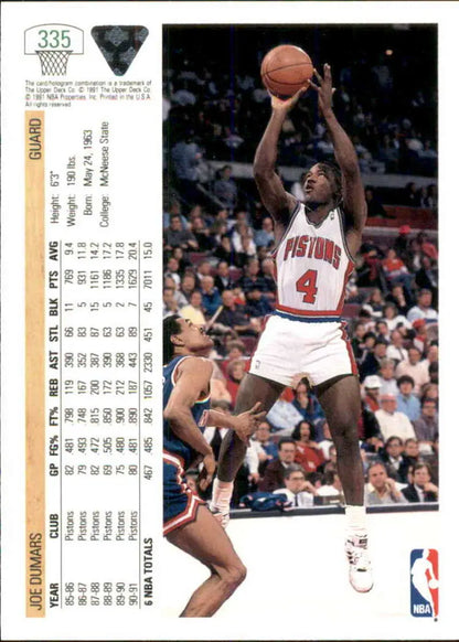 Joe Dumars in white Detroit Pistons jersey shooting a jump shot for Upper Deck card