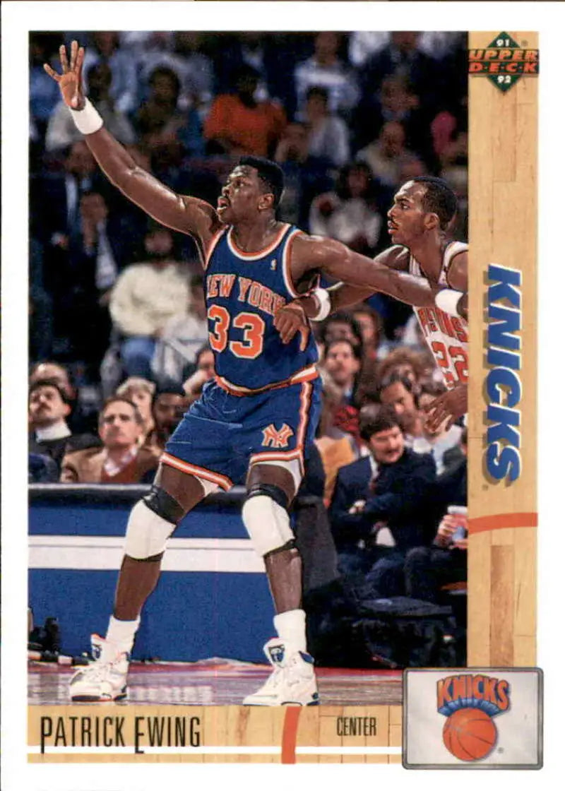 Patrick Ewing in New York Knicks uniform positioning for rebound on Upper Deck card