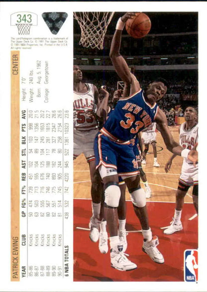 Patrick Ewing grabbing a rebound on a 1991-92 Upper Deck New York Knicks card