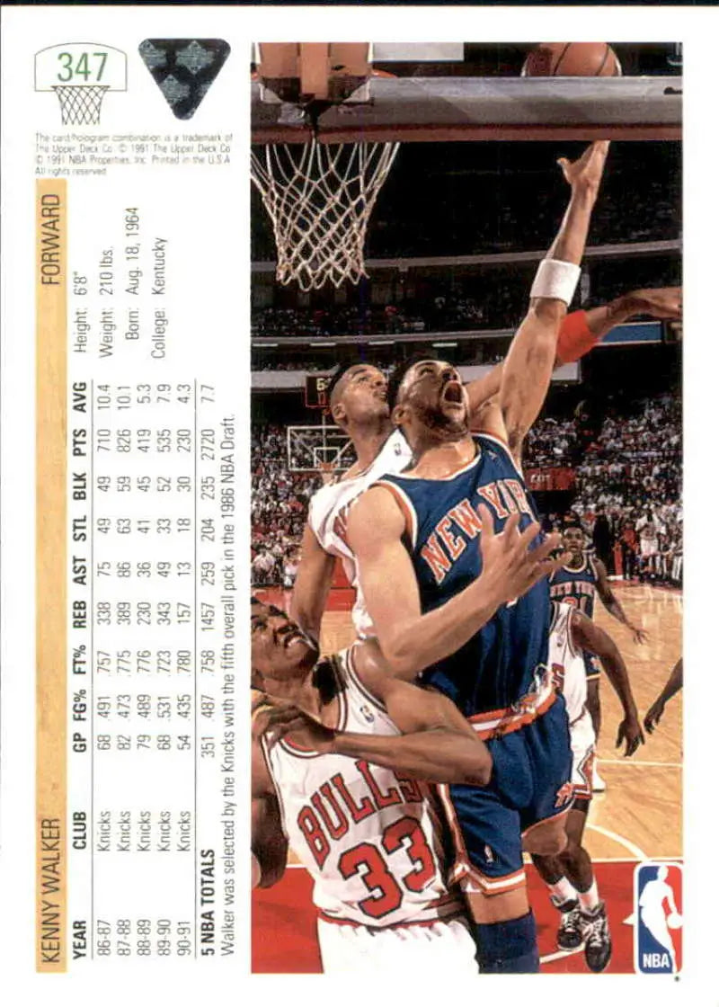 Kenny Walker in a blue Knicks jersey scoring against a Bulls defender, Upper Deck card