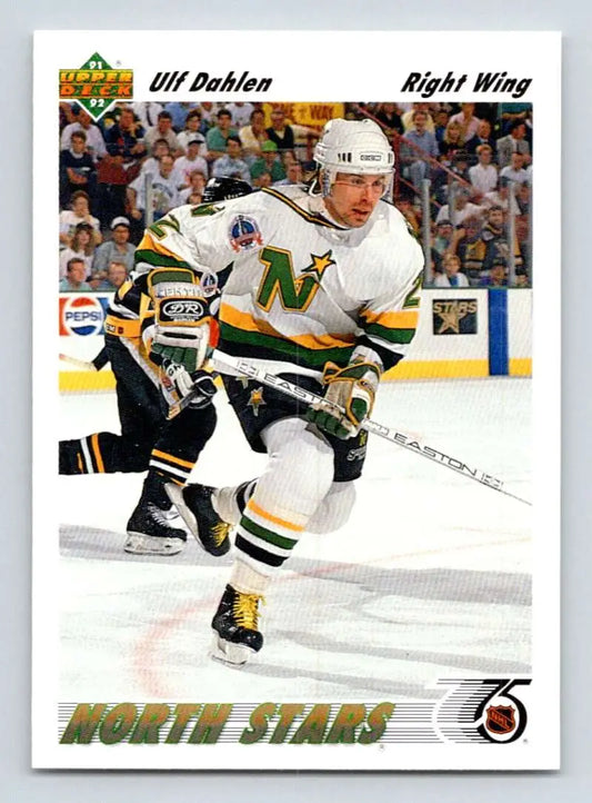 Hockey player in white Minnesota North Stars jersey showcasing Ulf Dahlen in action