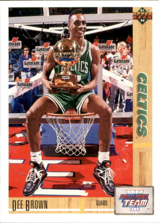 Dee Brown in green Celtics jersey on rim showcasing Upper Deck basketball card art