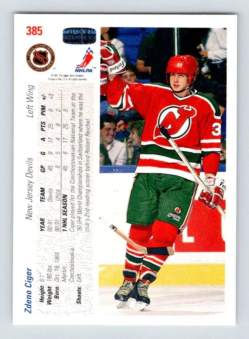 Hockey player in red and green Jersey Devils jersey celebrating, Zdeno Ciger card