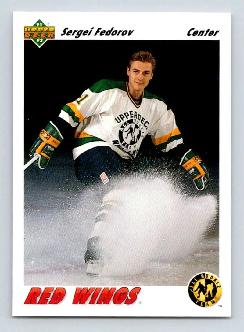 Hockey trading card of Sergei Fedorov in Detroit Red Wings gear spraying ice