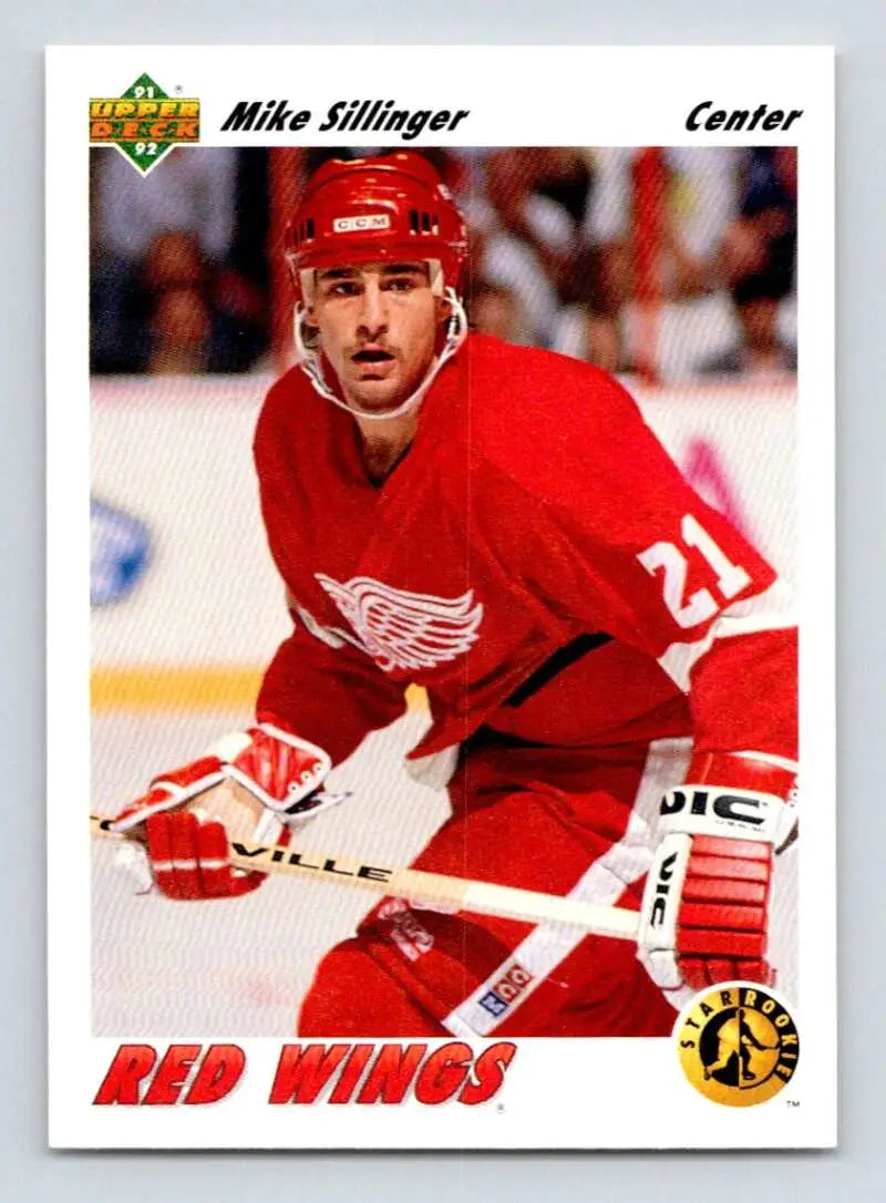 Hockey player in Detroit Red Wings jersey showcasing Mike Sillinger card design